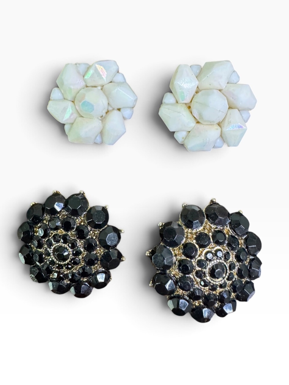 Vintage Clip-On Floral Earrings — Black and White